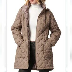 Bernardo Women's Taupe Hooded Cinch Waist Quilted Coat